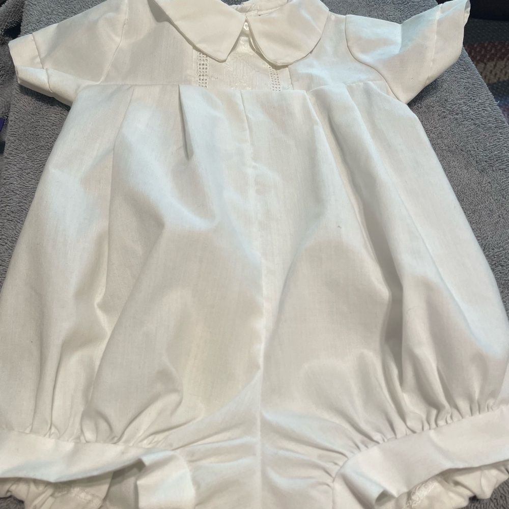 White Baby Baptism Romper with Collar and Bow tie with matching hat and a bib